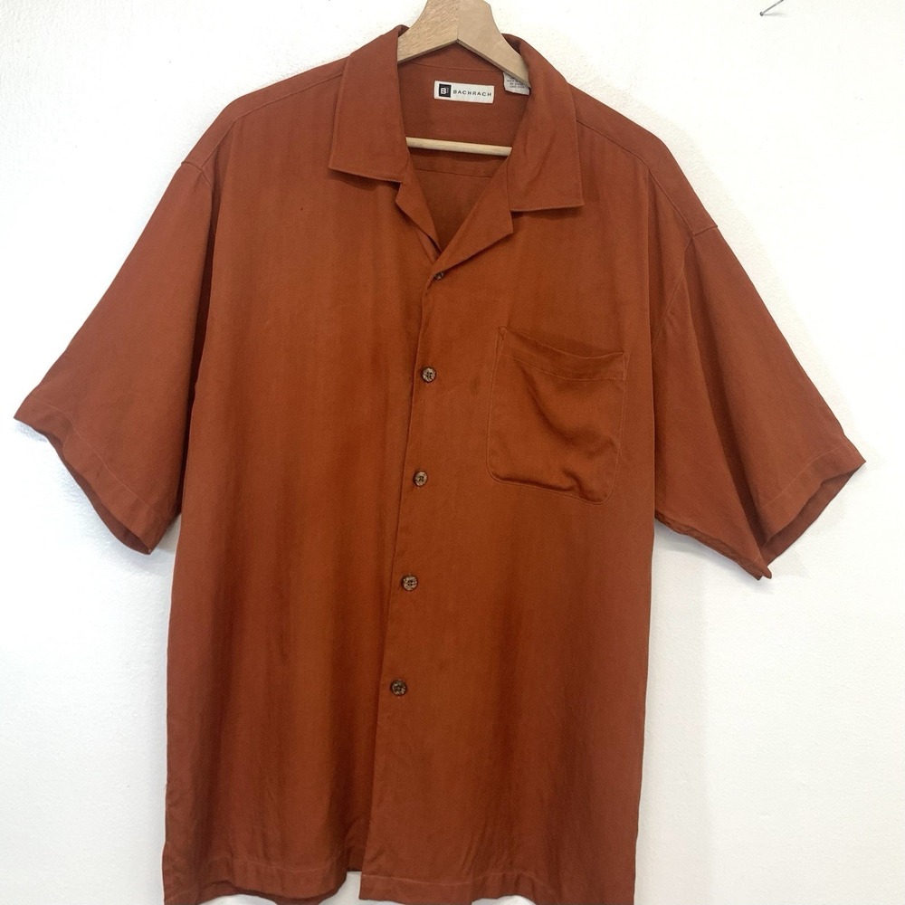 Bachrach Short Sleeve 100% Silk Camp Shirt Men Large Burnt Orange Vacation‎ Work